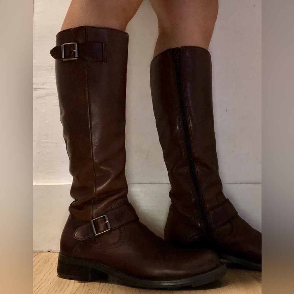Sarah Jayne Canyon Brown Leather Round Toe Side Zip Knee High Boots Women’s - Picture 4 of 11